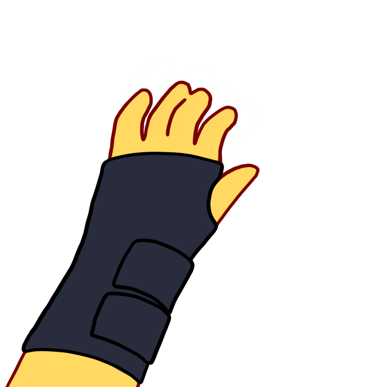 a yellow hand with a black wrist brace on